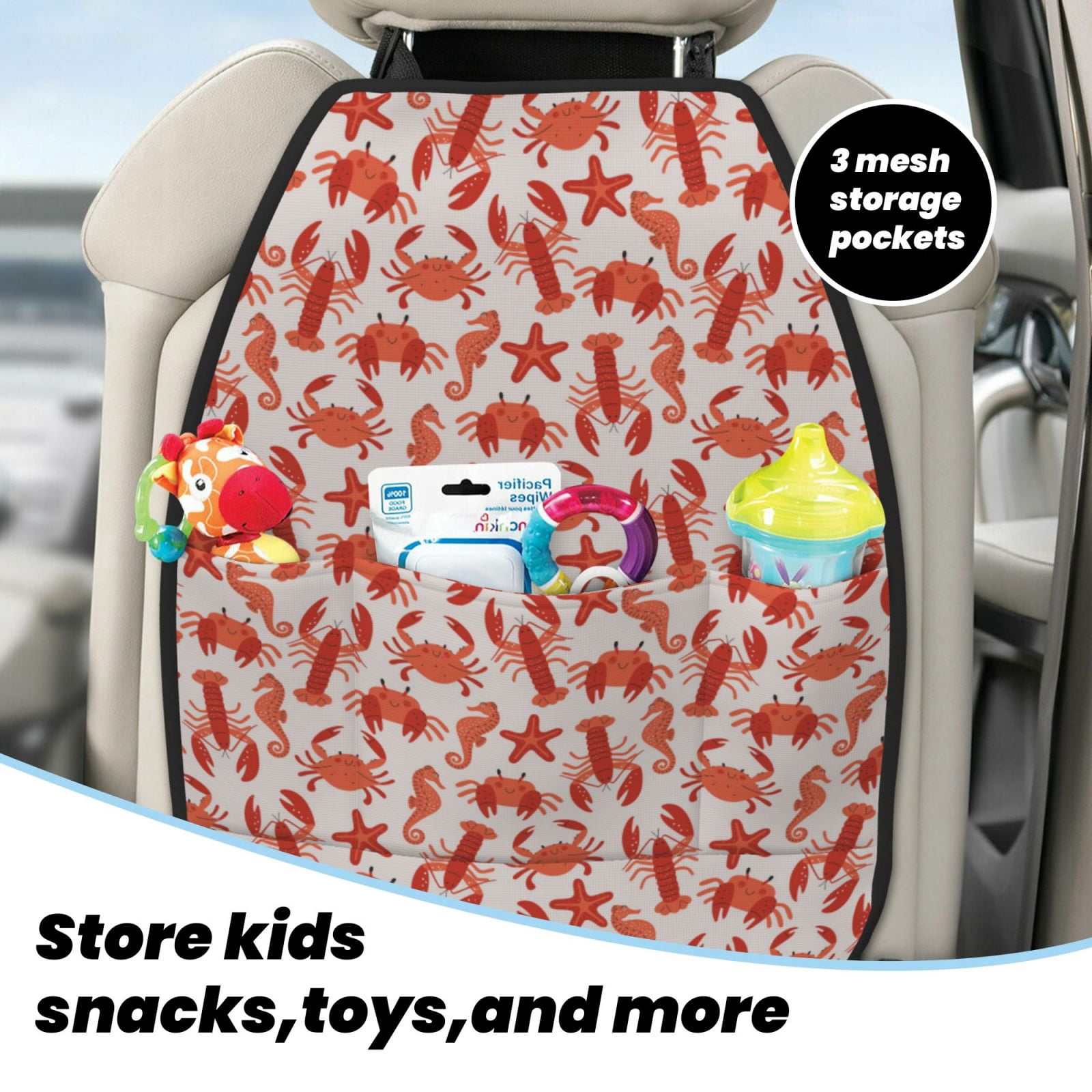 Xecao Sea Creatures Pattern Car Seat Back Protector 2 Pack Large Capacity Pocket, Kick Mats Back Seat Protector