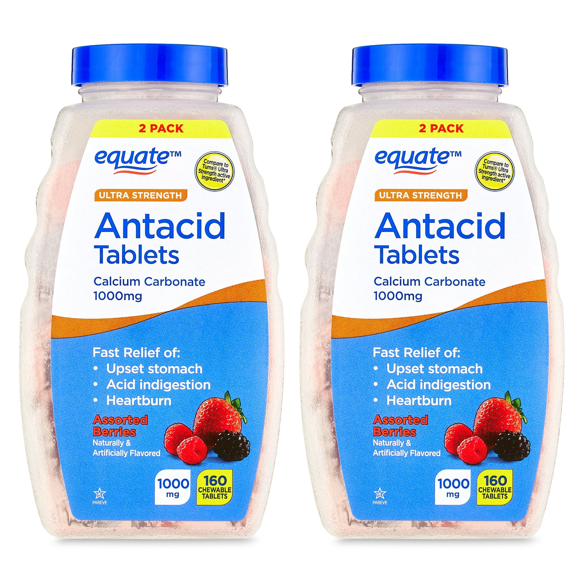 Equate Calcium Carbonate Ultra Strength Chewable Antacid Tablets, Assorted Berries, 160 Count, Twin Pack