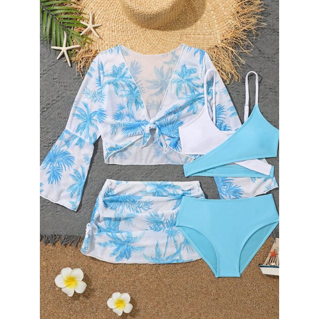 4 piezas Bikini Top y falda 2023 traje de baño para niñas, traje de baño de cintura alta para niños, bañistas, traje de baño, ropa de playa