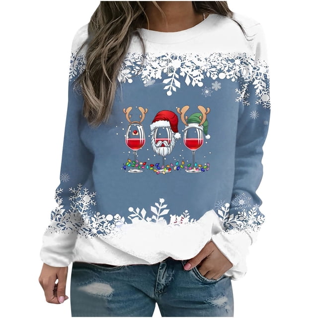 EGNMCR Chandail en Molleton de Noël pour Femmes T-shirt Imprimé d'Hiver Manches Longues Blouse Col Rond Hauts Décontractés