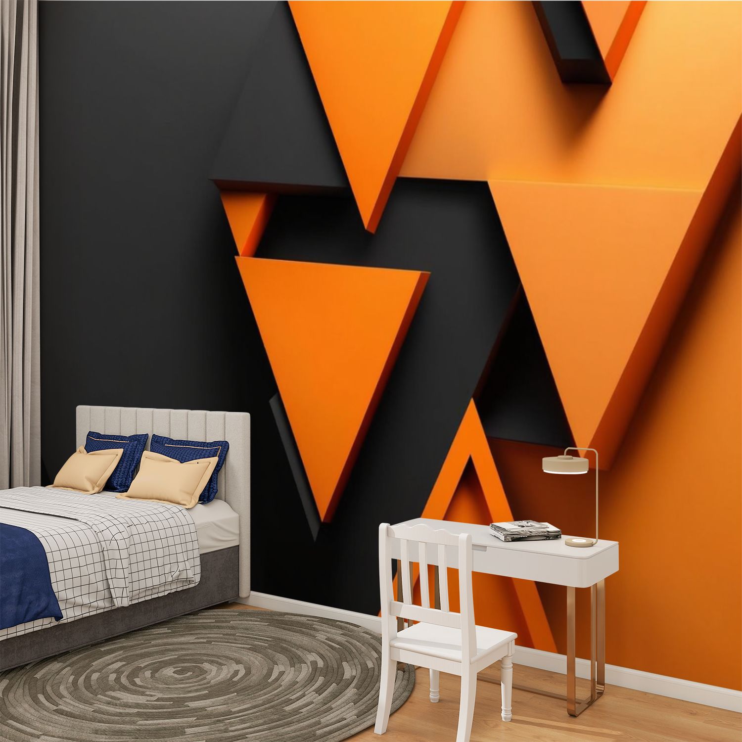 Peel and Stick Wallpaper 3D Geometry Abstract Triangles Sharp Edges Black Orange Color Schema Modern Art Wall Mural Decor Self Adhesive and Removable 100in x 144in