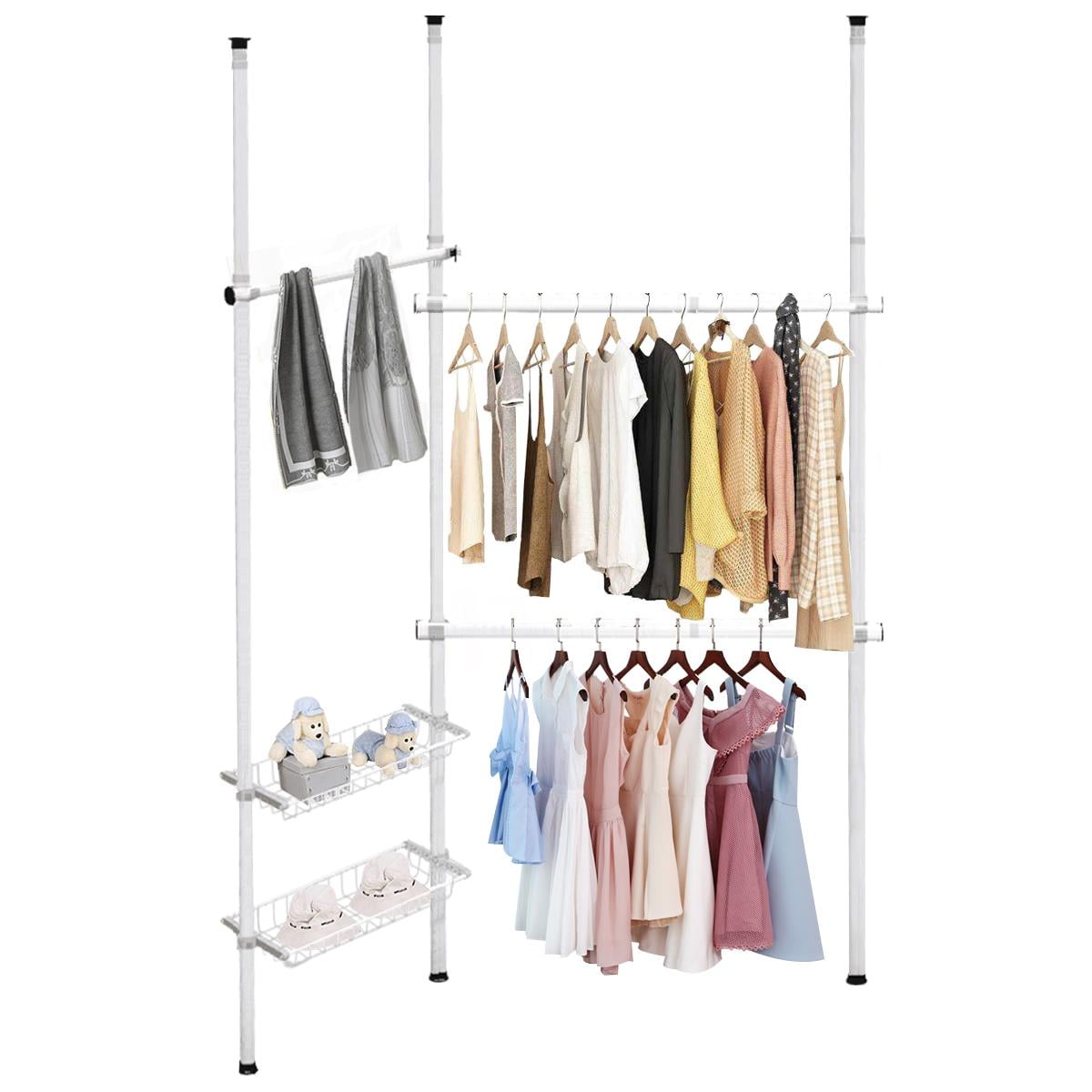Giantex Double 2 Tier Adjustable Closet System Floor to Ceiling Clothes Hanger with 2 Storage Baskets Inner Spring Clothing Garment Rack Telescopic Closet Organizer for Living Room Bedroom Walmart