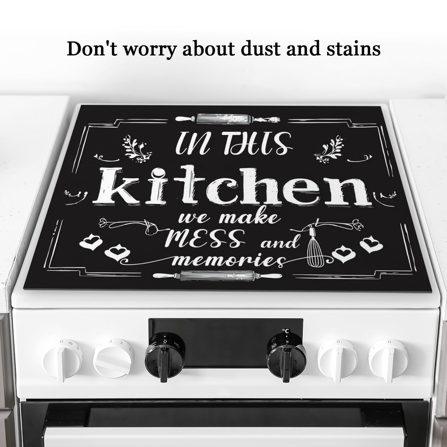 Diatomite Stove Covers for Glass Stoves, Kitchen Theme Mess and Memories Black Multipurpose Cooktop Protector, Square Foldable Decorative Pad for Kitchen RV (28×20 Inch)