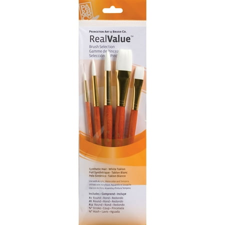 Princeton Brush Real Value 5-Brush White Taklon Brush Set, Round 2, 8, 12, Stroke 3/4, Wash 1/2