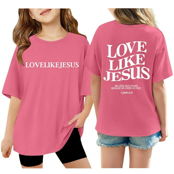 Razzly Little Girls Kid Short-Sleeve Shirts and Tops, Love Jesus Girls Graphic T Shirt Girls Puff Short Sleeve Shirts Cotton Shirts for Teen Girls Toddler Girl Soft Basic T Shirts(Hot Pink 5-6 Years)