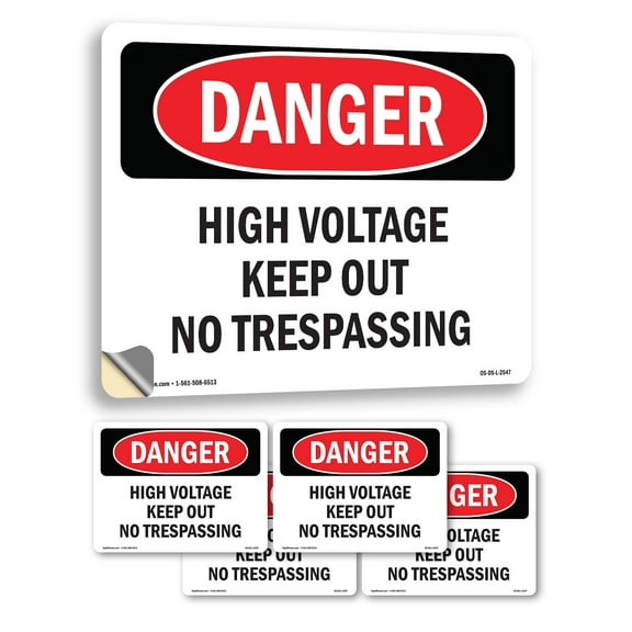 High Voltage Keep Out No Trespassing OSHA Danger Vinyl Decal Label 14 Inch x 10 Inch - 5 Pack