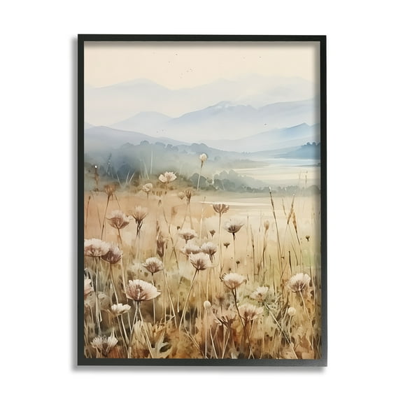 Stupell Industries Meadow with Foggy Mountains Landscape Painting Black Framed Art Print Wall Art, 16 x 20