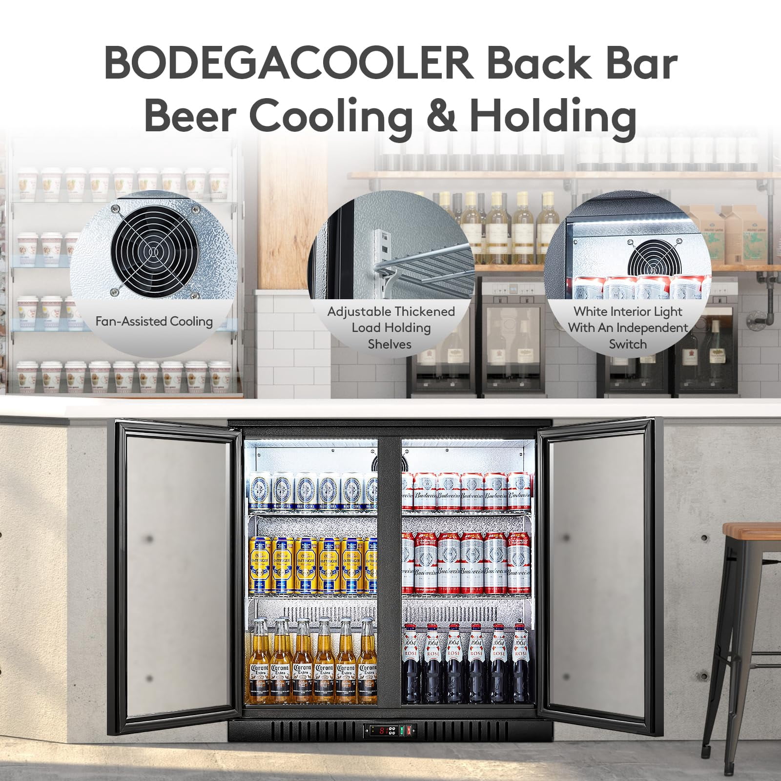 BODEGA 35.4 Inch Under Counter Beverage Refrigerator  2 Door Back Bar Cooler Dual Zone 32–50°F, 7.4 cu.ft Built-in or Freestanding Glass Door Fridge with LED Lighting
