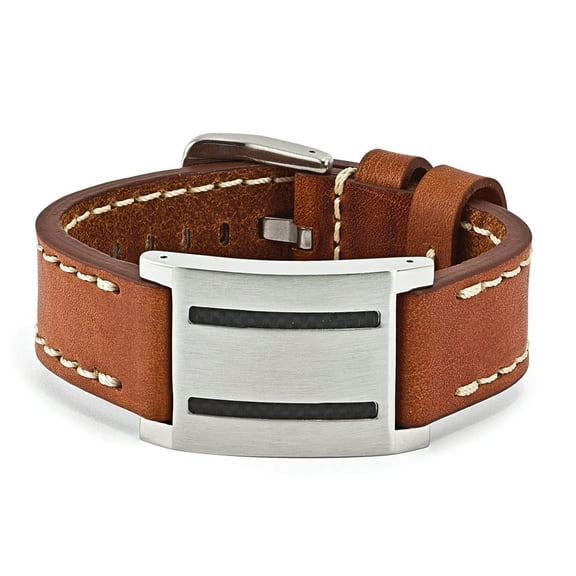 Chisel Stainless Steel Brown Leather w/Carbon Fiber Inlay Buckle Bracelet