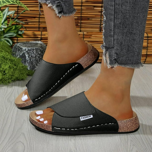 PPgejGEK Chaussons Plats Ouverts Confortables à Bout Rond Style Décontracté Printemps et Été pour Femmes Noir 9