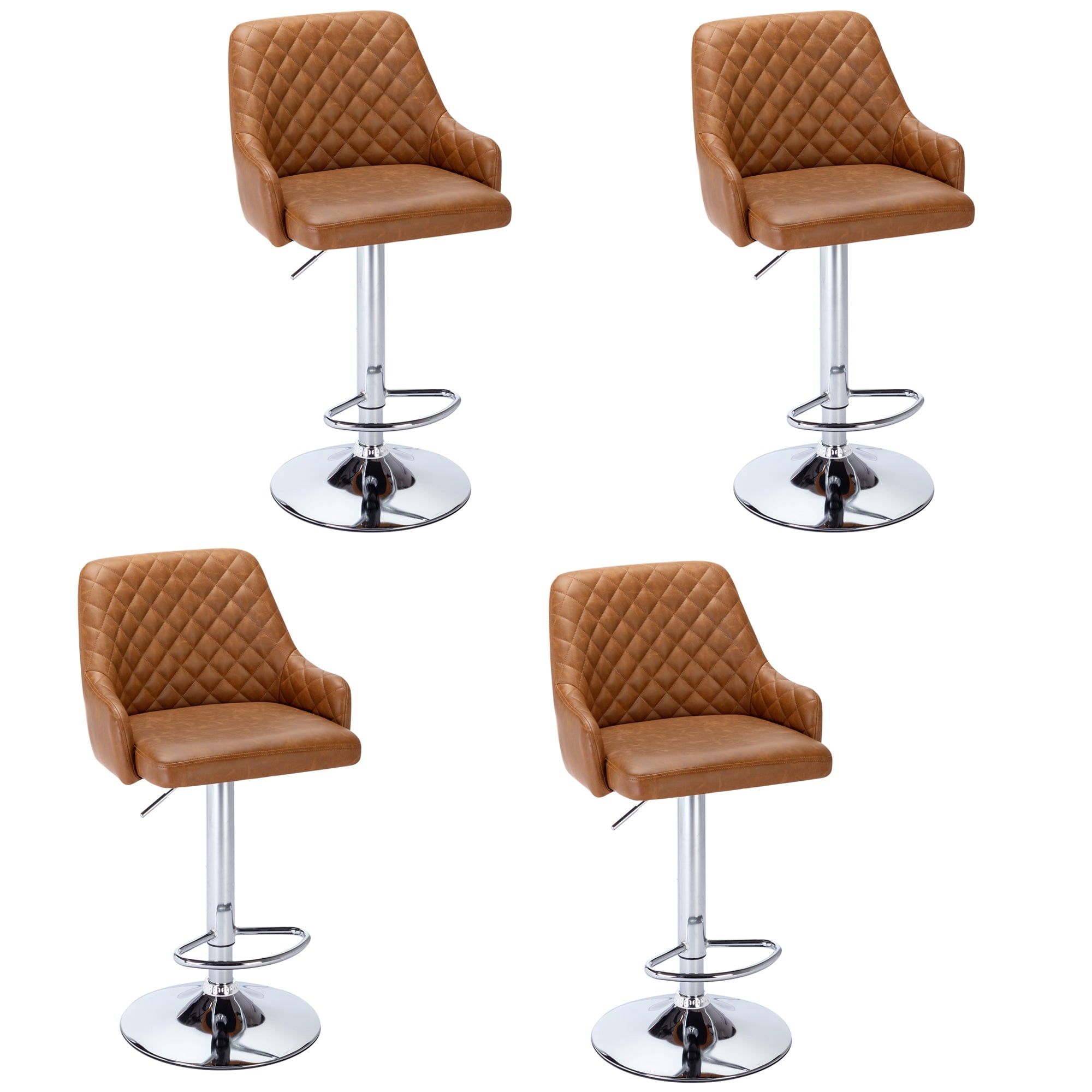 VECELO Bar Stools Set of 4 Modern PU Leather Height Adjustable Swivel Barstool with Back and Footrest, Brown