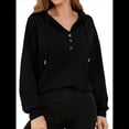 thumbnail image 2 of Sudadera con Capucha para Mujer, Cuello Abotonado, Cordón Ajustable, Sudadera Informal de Larga, Camisetas. Negro XL, 2 of 10
