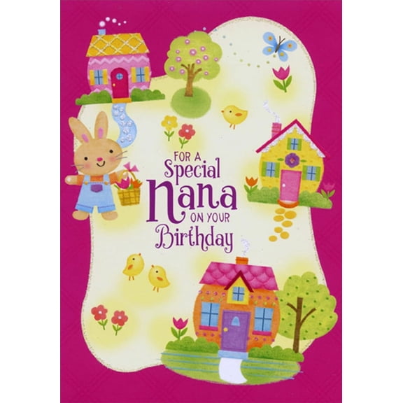 Designer Greetings Three Homes, Rabbit with Basket and Chicks Juvenile Nana Birthday Card from Kid / Child