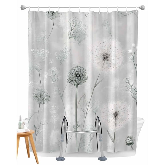 Split Shower Curtain for Transfer Bench, White Green Dandelion Fabric Shower Curtains for Bathroom, Grey Floral Leaves Tub Sliding Transfer Bench Waterproof Bath Curtains 72"x72"
