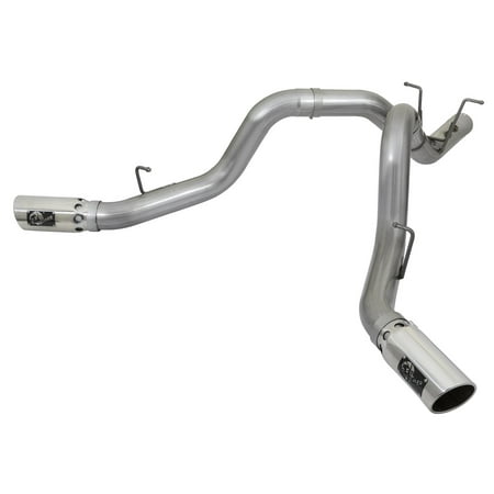 Dual Side Pipes aFe Power 49-44086-P LARGE Bore HD DPF-Back Exhaust System; 4 in. Tubing; Stainless Steel; Incl. Extension Pipe/Tailpipes/6 in. Polished Tips; Dual Rear Side Exit; ()