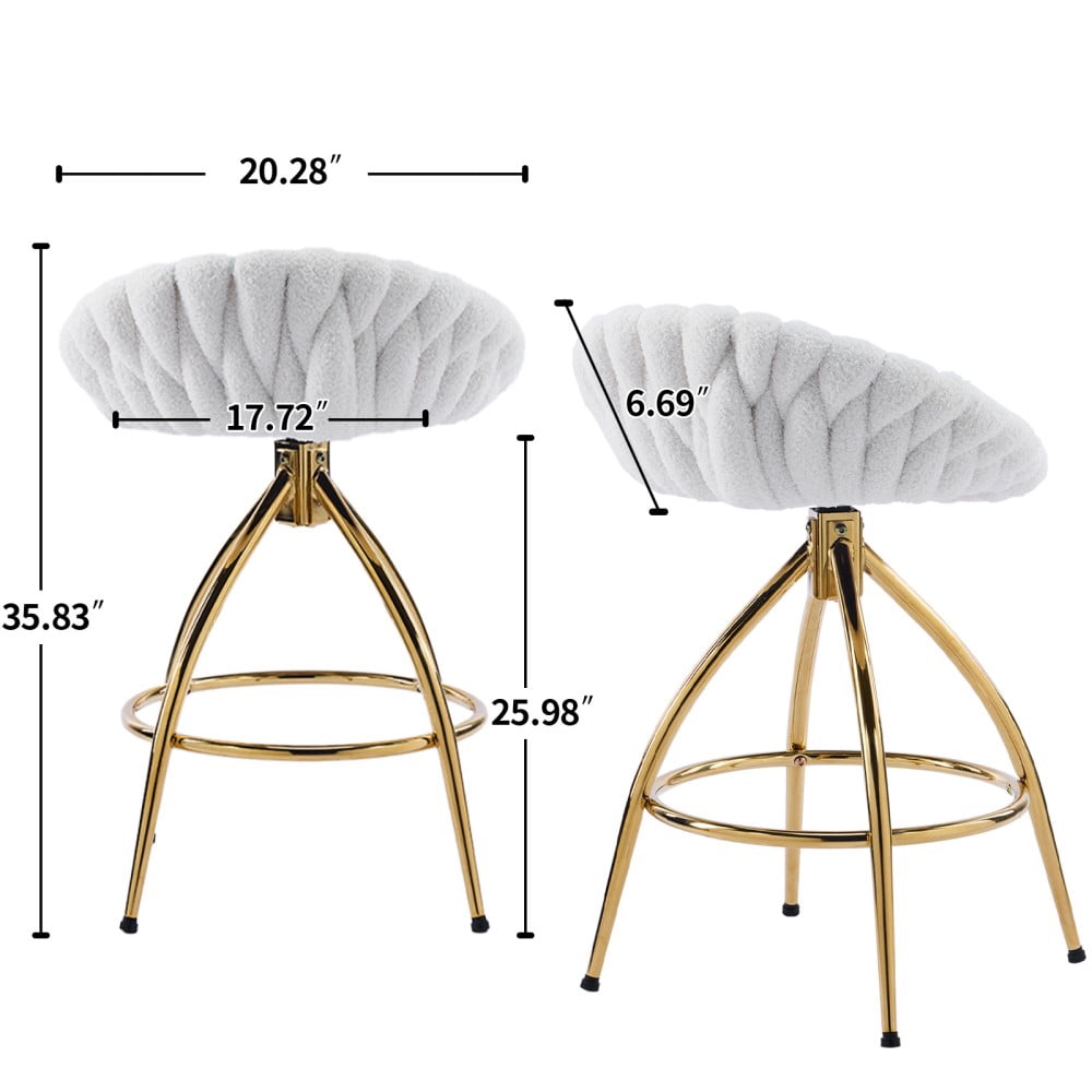 IVV Teddy Velvet Swivel Bar Stools Set of 2 - White Weaving Style Upholstered Counter Height Chairs with Gold-Plated Iron Legs, for Kitchen or Home Bar