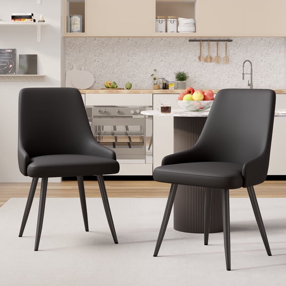 CQSXDA Set of 2 Modern Dining Chairs, Thick Cushion in Black Faux Leather, Metal Legs for Home Dining