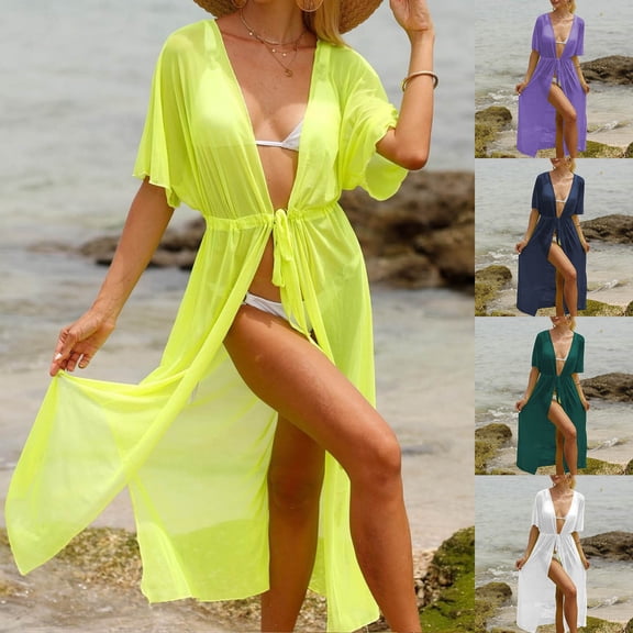 Qzwdhjm Womens Mesh Swim Cover Ups Short Sleeve Maxi Cardigans Open Front Bathing Suits Coverups Summer Resort Swimsuits Cover Up