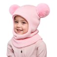 thumbnail image 2 of Baby Winter Knit Hat with Soft Pom Poms, Toddler Pullover Style Beanie with Integrated Neck Warmer, Cute Animal Ear Design Fleece Lined Cap for Infants and Kids Cold Weather Protection - Pink, 2 of 5