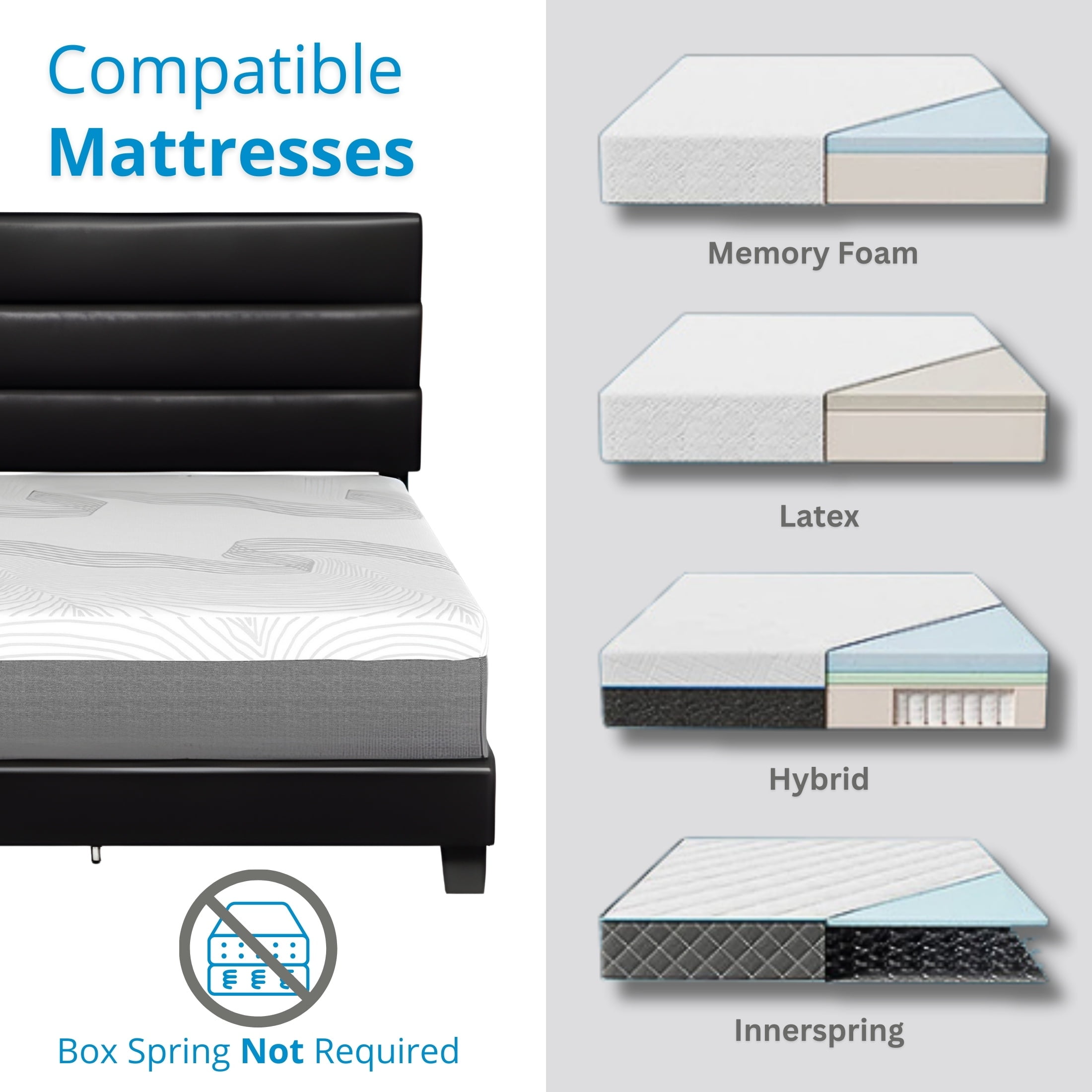 Boyd Sleep Piedmont Black Faux Leather Queen Size Fully Upholstered Platform Bed Frame with Adjustable Headboard