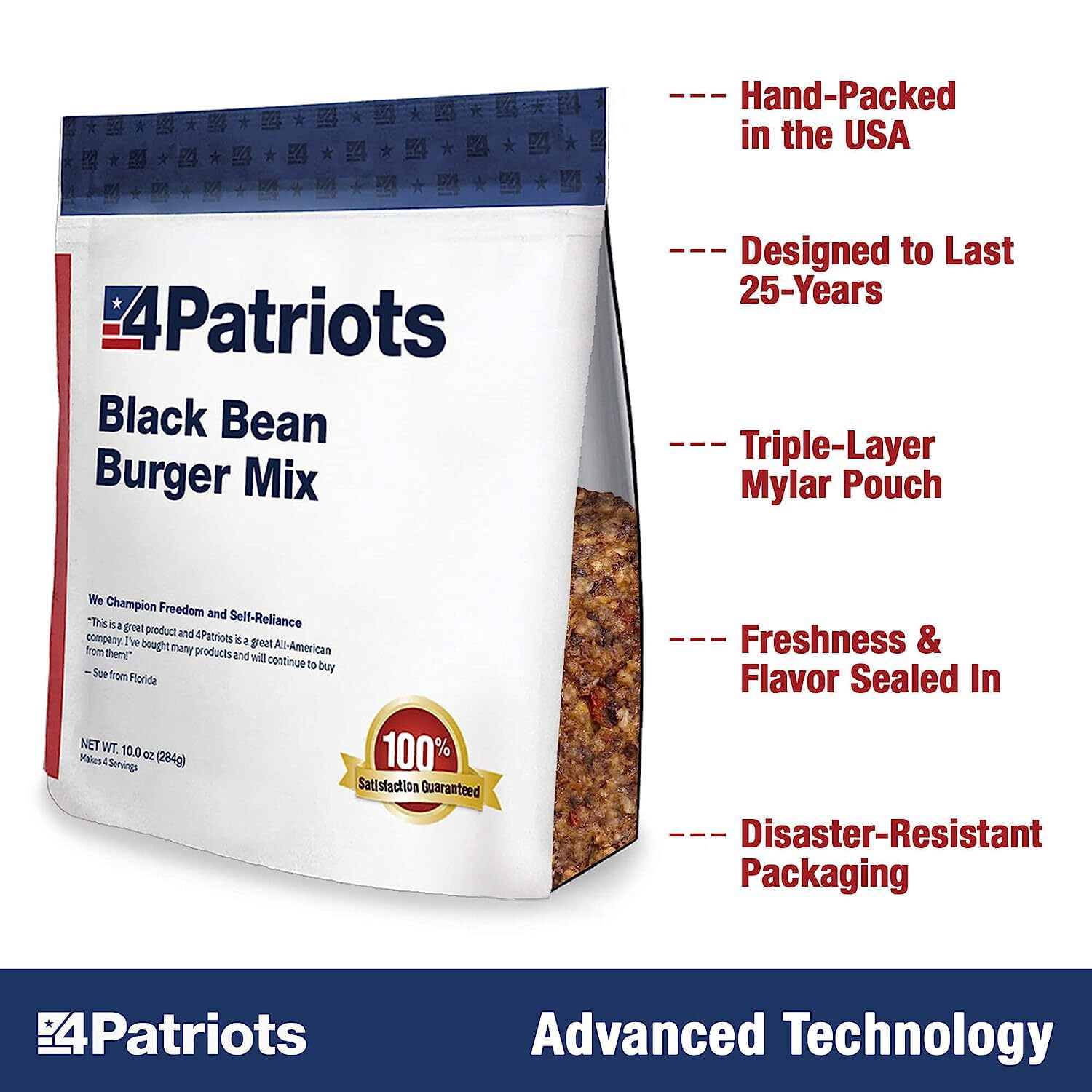 4Patriots: Black Bean Burger Mix Kit, Survival & Preparedness Food, Perfect for Backpacking or Hunting, Designed For 25-Year Shelf Life, Be Ready with 48 Juicy & Savory Servings