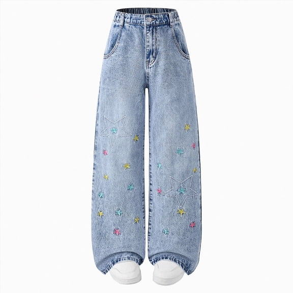 Gvdentm Kids Girls Baggy Jeans Casual Wide Leg High Waist Denim Pants Size 5-14 Years Light Blue