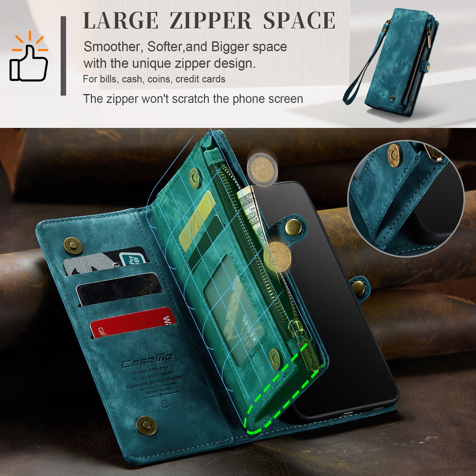 Feishell Durable 2-In-1 Magnetic Detachable Wallet Case for Samsung Galaxy S22 Plus,for Women Men,Premium PU Leather Zipper Pocket Flip Multi Card Slots Purse Phone Case with Wrist Strap,Green