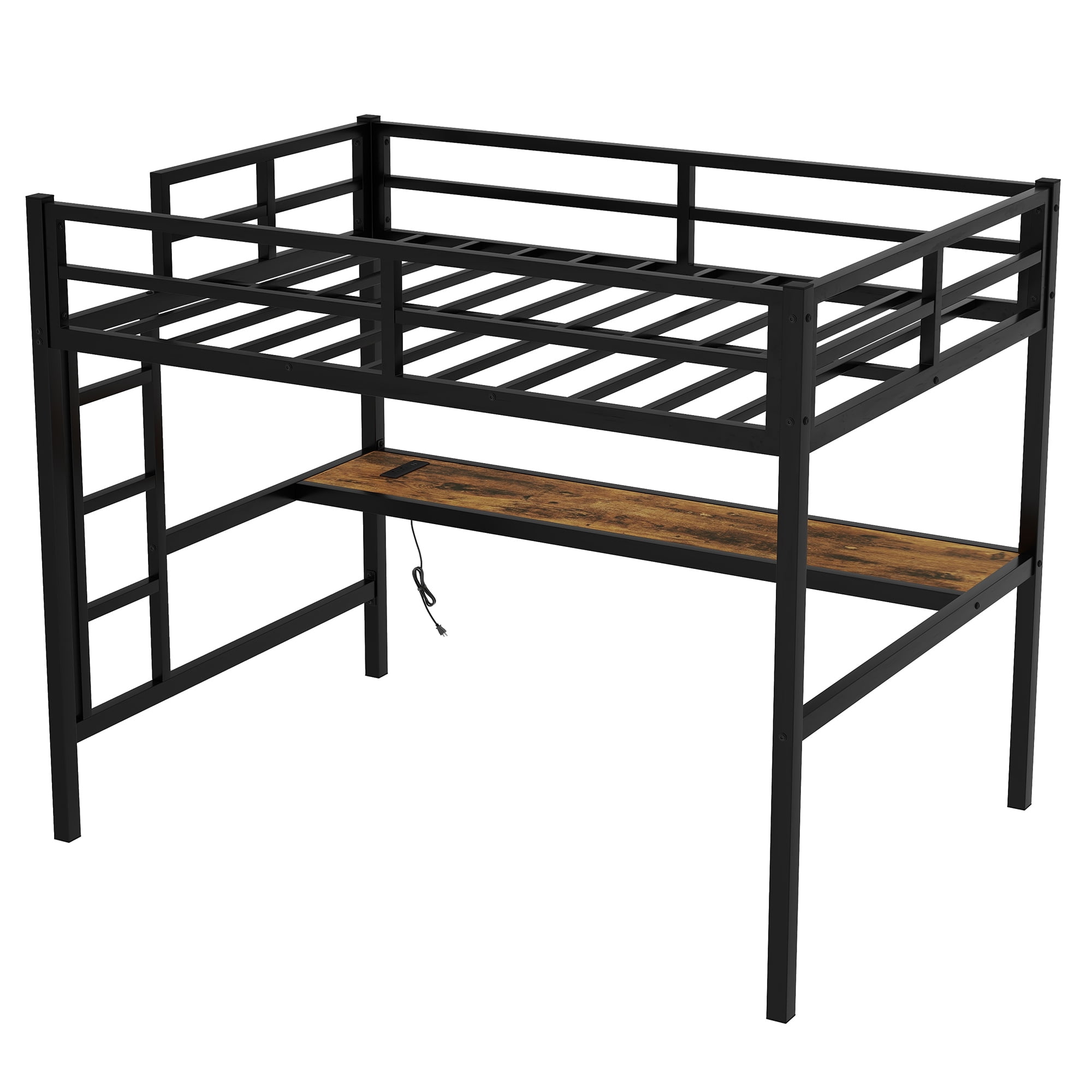Aukfa Full Size Metal Loft Bed with Desk, Charging Station and LED Lights, Space-Saving, Heavy Duty, Black
