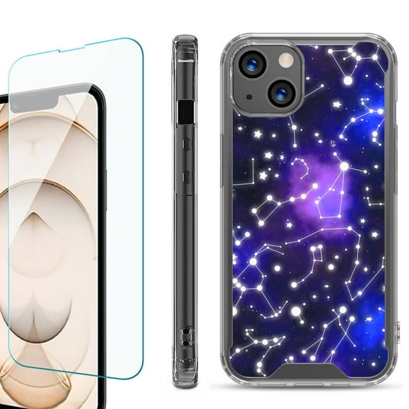 Shockproof Bumper Phone Case for iPhone 13, with Tempered Glass Screen Protector, by OneToughShield ® - Constellations