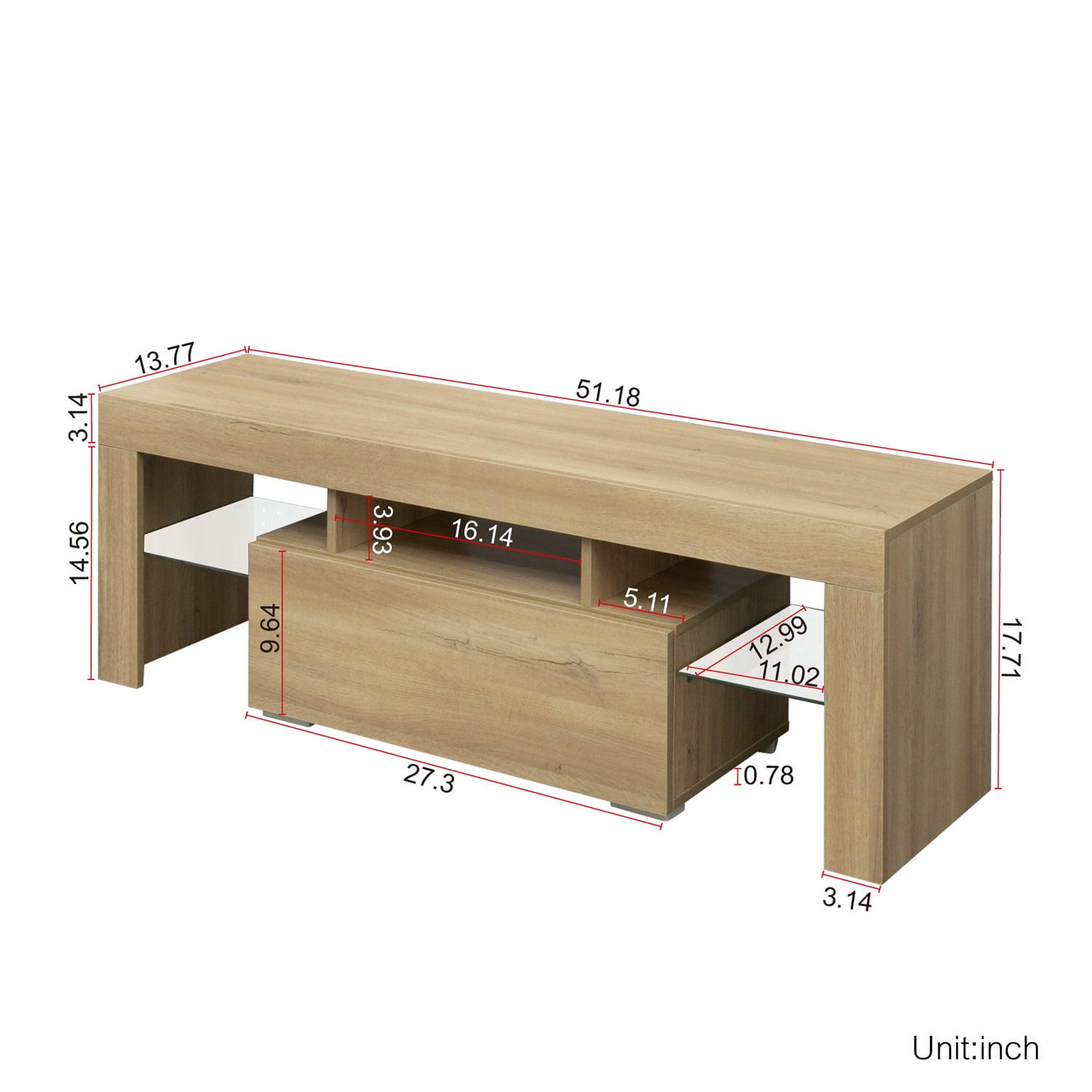 Kadyn TV Stand, Particle Board TV Cabinet Entertainment Center with LED RGB Lights and Storage, Oak High Gloss TV Console Table for TVs up to 55"