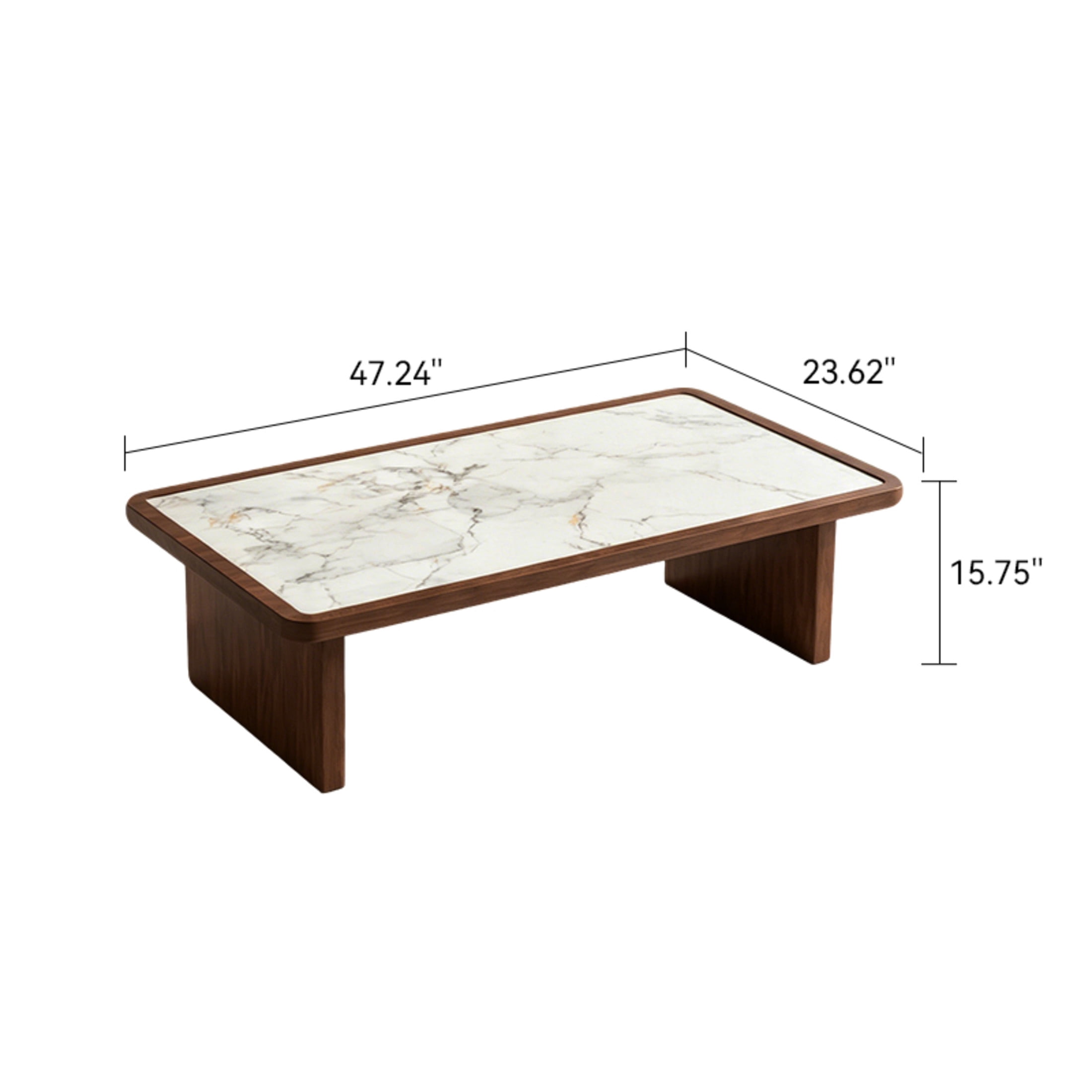 Noble House Ordis 47" Rectangular Sintered Stone Coffee Table with Wood Veneer Frame & Wide Panel Legs, White & Walnut