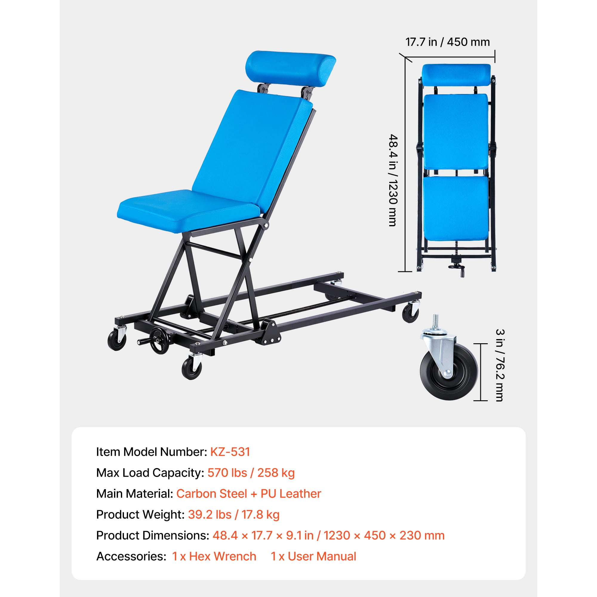 KFFKFF 48 in Adjustable Height Mechanic Creeper, 570 lbs Capacity Rolling Garage Seat with Backrest & Headrest, Cushioned Chair for Vehicle and Aircraft Maintenance
