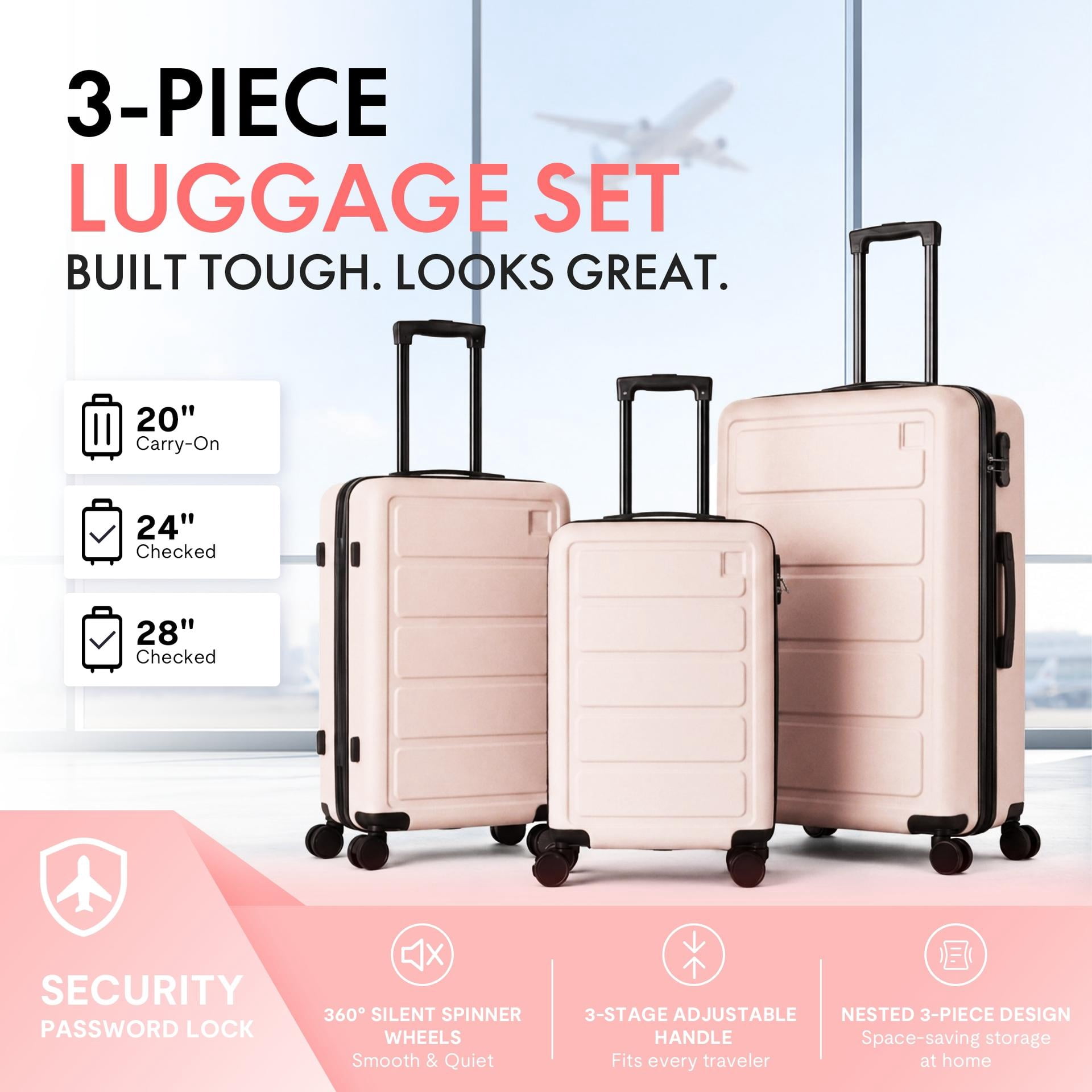 3-Piece ABS Hardshell Luggage Set, Lightweight Durable Suitcases with 4 Silent Spinner Wheels and Combination Lock, 20/24/28 Inch, Misty Rose Pink