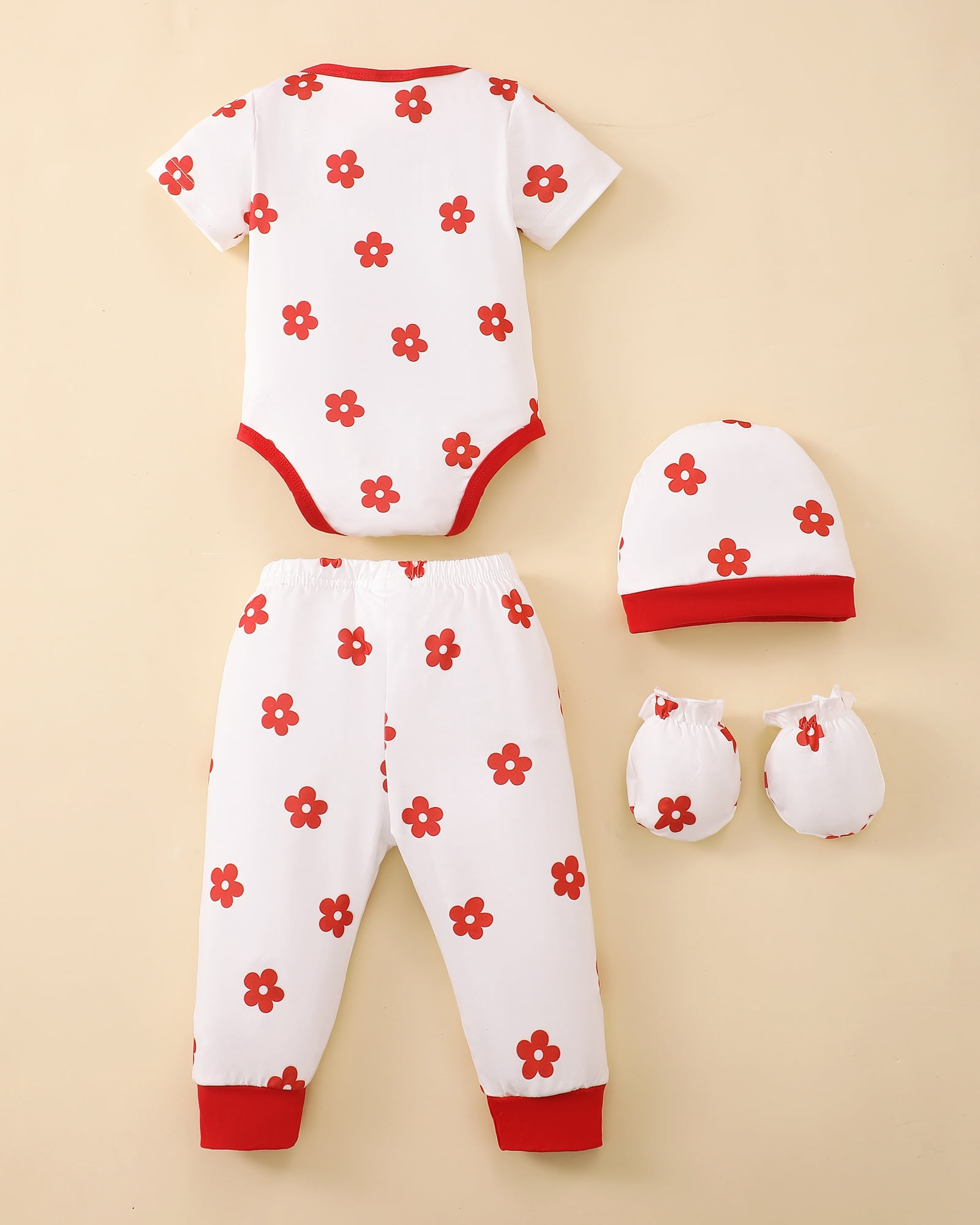 KIMI BEAR Newborn Baby Girls Summer Outfits 0-3 Months 4-Pack Layette Set Short Sleeves Romper Top Strawberry Watermelon Floral Pants Set Hat Gloves 16Pcs Pink