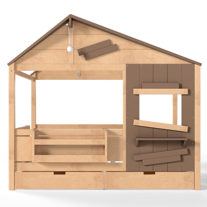 Full House-Shaped Kid's Bed with Built-in Bookshelf & Light Bulb, Wooden Platform Bed Frame with 2 Drawers & 5 Round Hooks