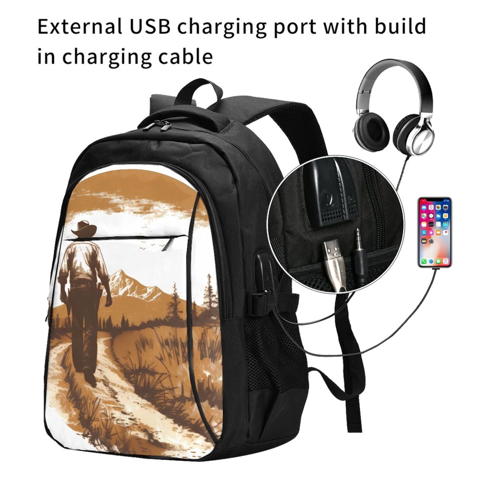 Vsdgher Western Cowboy Countryside Print Travel Laptop Backpack, Laptops Backpack with USB Charging Port, Water Resistant Computer Bag Gift for Men & Women