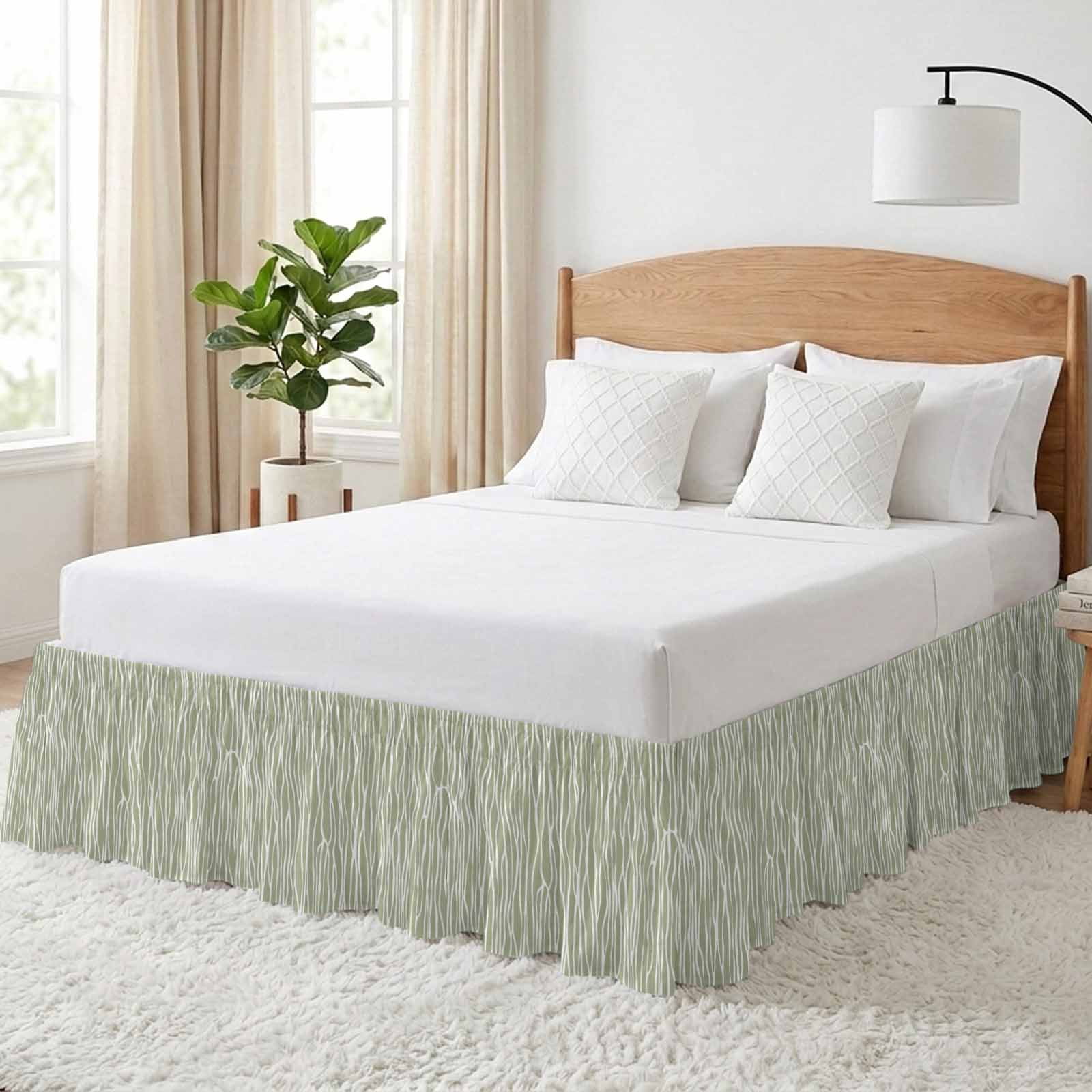 Bed Skirt Sage Green Stripe Adjustable Elastic Wrap-Around Dust Ruffle with Retro Abstract Art Farmhouse Sage Green Stripe Waves 18 Inch Drop, Bed Frame Cover for King Size Bed