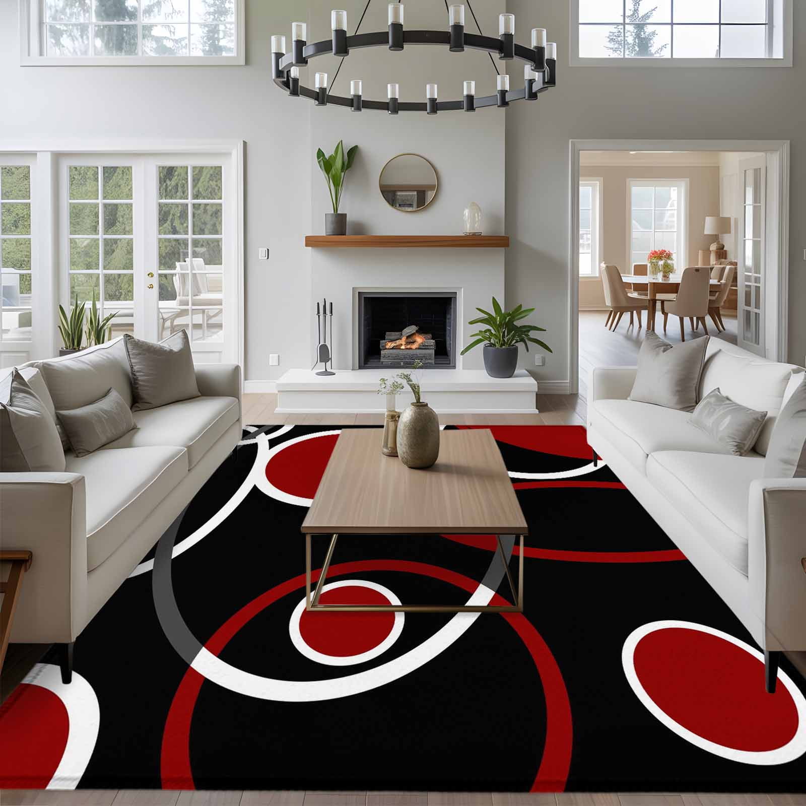 8x10 Area Rugs for Living Room, Black Red Non Slip Area Rugs for Kitchen Bedroom Entryway, White Circle Geometric Abstract Texture Washable Carpet Runner Rug Floor Mats for Bedroom Home Decor