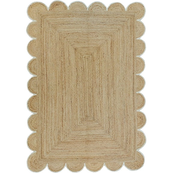 Scalloped Natural Jute Area Rug, Natural White Colored Trim