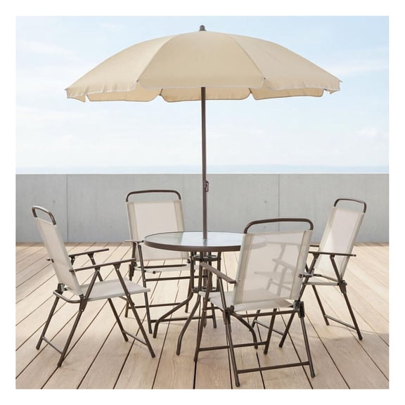 Beige Patio Dining Set for 4, Outdoor Round Glass Table & Folding Chairs with Umbrella