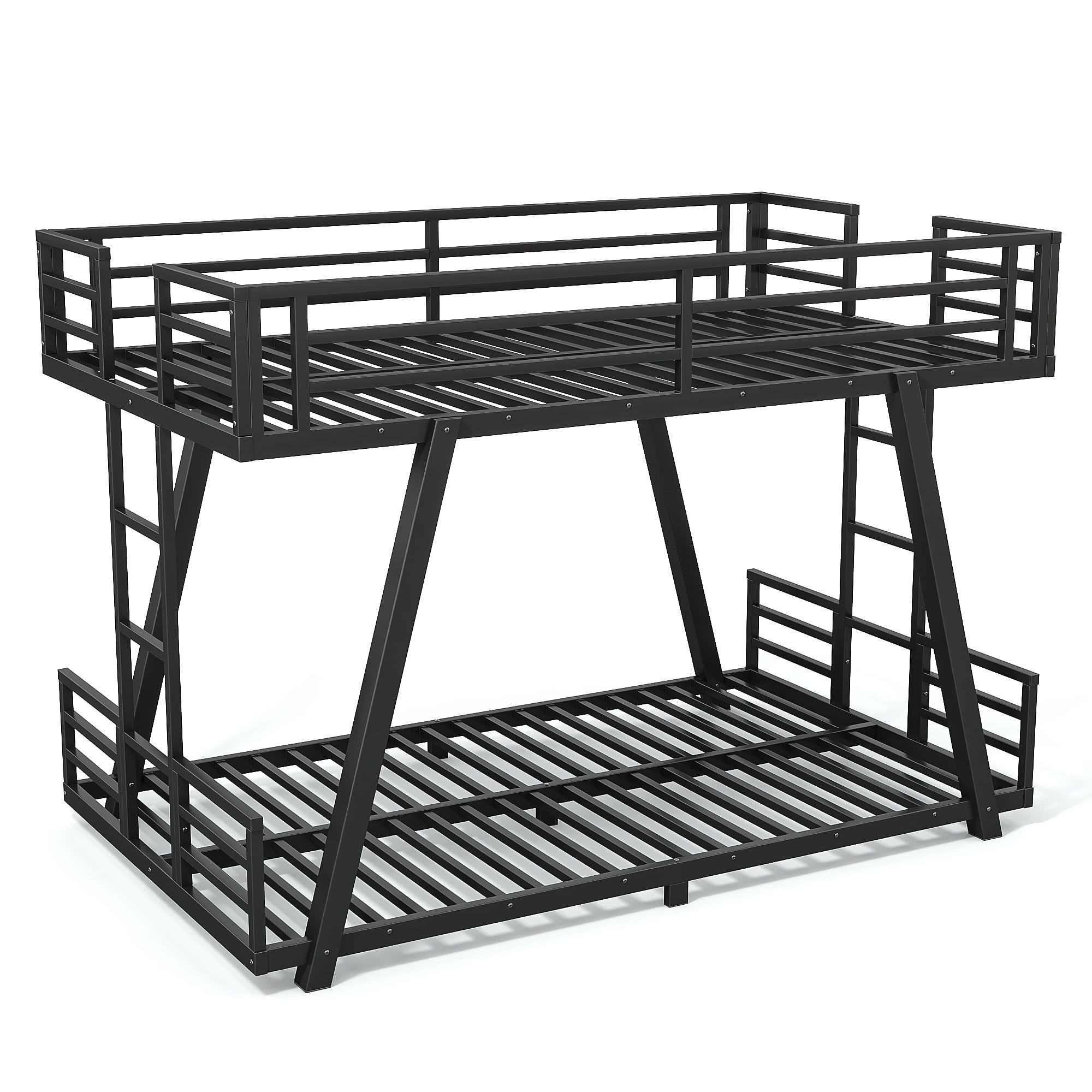 Aukfa Twin XL over Twin XL Metal Bunk Bed with Heavy Duty A-Frame Support Design, 2 Side Ladders, Low Profile, Black