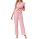 thumbnail image 2 of Pijamas para mujeres INSPIRE CHIC, camiseta de cuello en V de manga corta con pantalones de tiro ajustable, conjuntos de lounge impresos con bolsillos, L, rayas rosas, 2 of 5