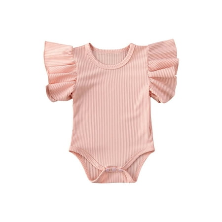 

Nokpsedcb Infant Baby Boy Girl Summer Rompers Solid-Color Ribbed O-Neck Ruffle Sleeves Closefitting Jumpsui Pink 6-12 Months
