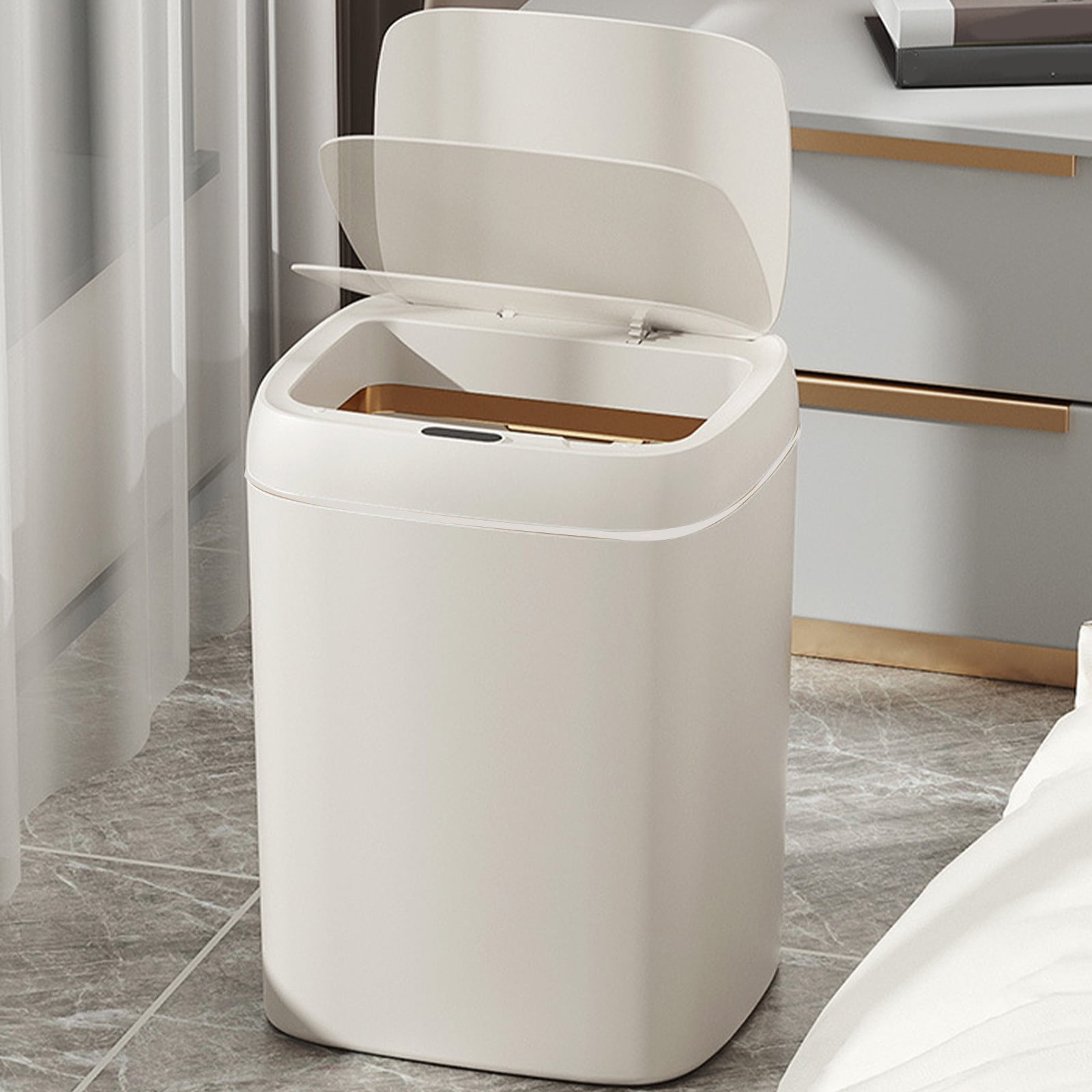 Bxaolu 13 Liter/3.4 Gallon Touchless Rectangular Motion Sensor Trash Can, Plastic Garbage Can with Lid, Small Wastebasket for Living Room, Kitchen, Bathroom - White