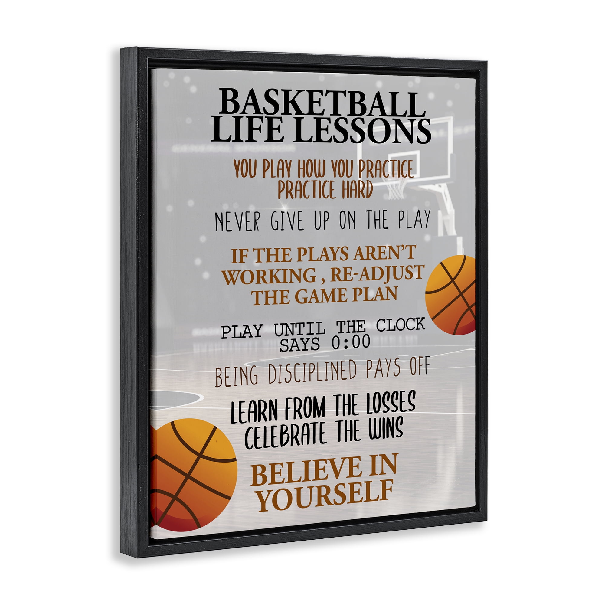 Basketball Life Lessons Black Framed Floater Canvas Wall Art, design by Kim Allen