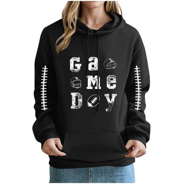Heisall Womens Hoodies Rugby Print Pocket Drop Shoulder Long Sleeve Tops Fashion Casual Pullover Hooded Sweatshirts