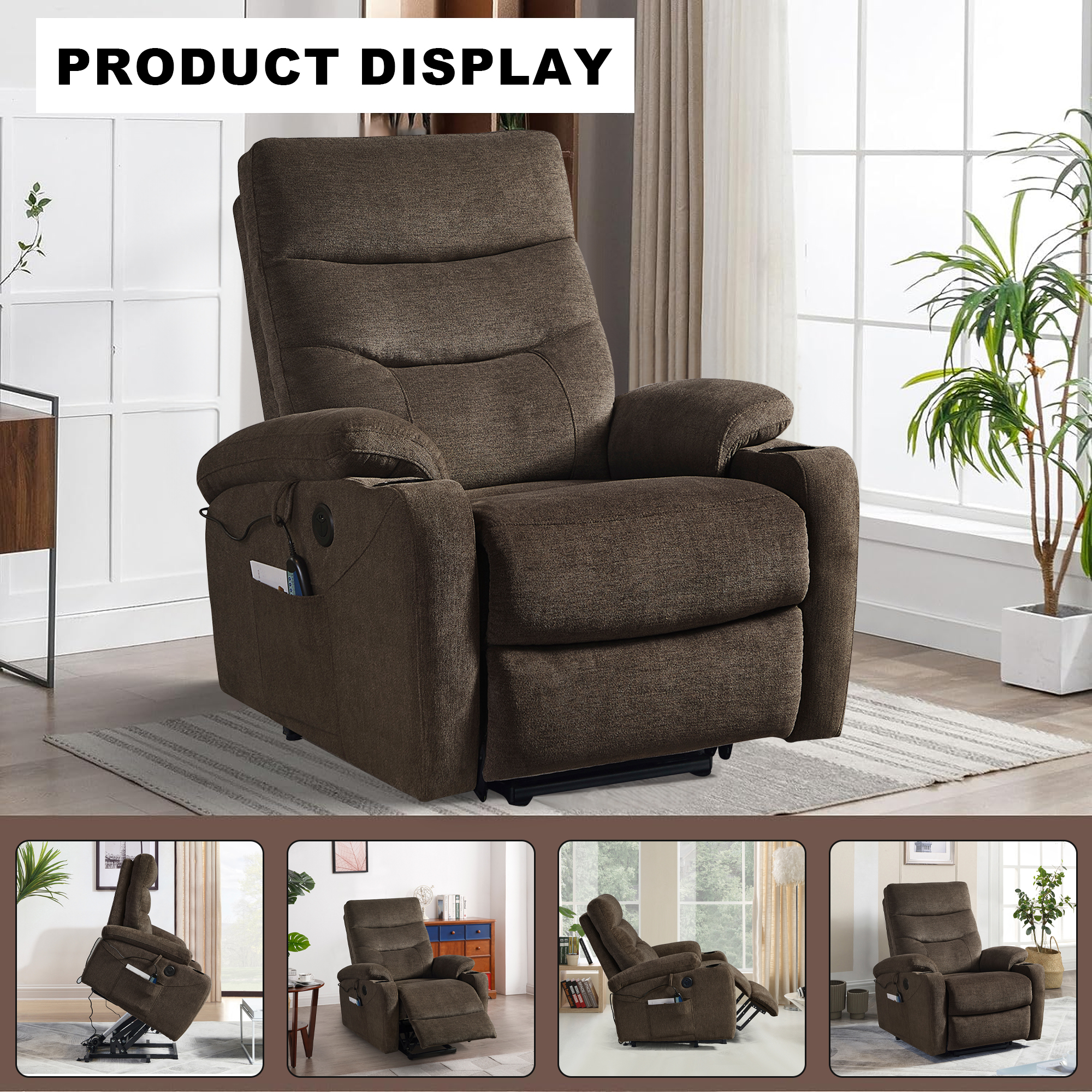 Aukfa Electric Power Lift Recliner Chair with Massage and Heat, USB Ports, 2 Side Pockets, Cup Holders for Elderly, Dark Brown