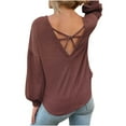 thumbnail image 3 of Women's Casual Tops Solid Color O-neck Hollow Back Blouse Long Puff Sleeves Dressy Waffle Knit Sweater Shirts(L,Coffee), 3 of 5