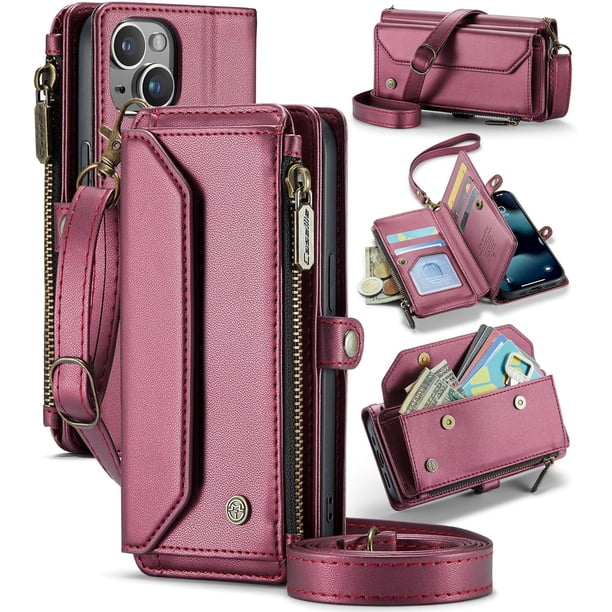 funda para iPhone 13 Mini, Funda para teléfono tipo Billetera Cruzada con Soporte de Bloqueo RFID, Ranuras para Tarjetas de Carga Inalámbrica Anticaídas, Bandolera de Cuero PU