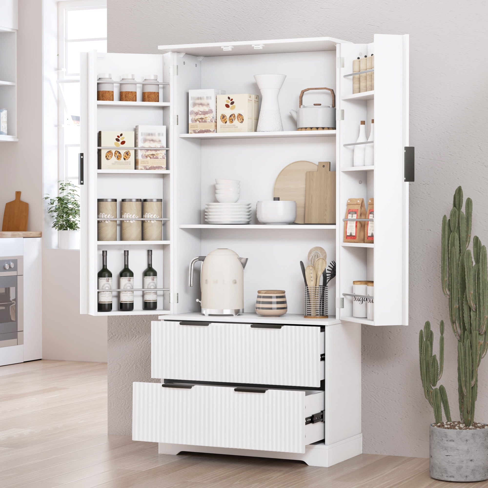 Mintazer 72" Modern Fluted French Kitchen Pantry Cabinet with 2 Large Drawers, Freestanding Storage Cabinet with Spice Racks for Kitchen Living Room Dining Room, White